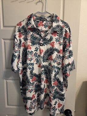 Bad Birdie White Hawaiian Floral Polo with Coral & Deep Green Print